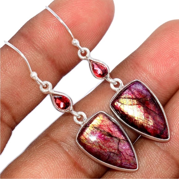 Earth Art hand crafted artisan Jewelry - Gorgeous red flash labradorite and garnet sterling silver earrings